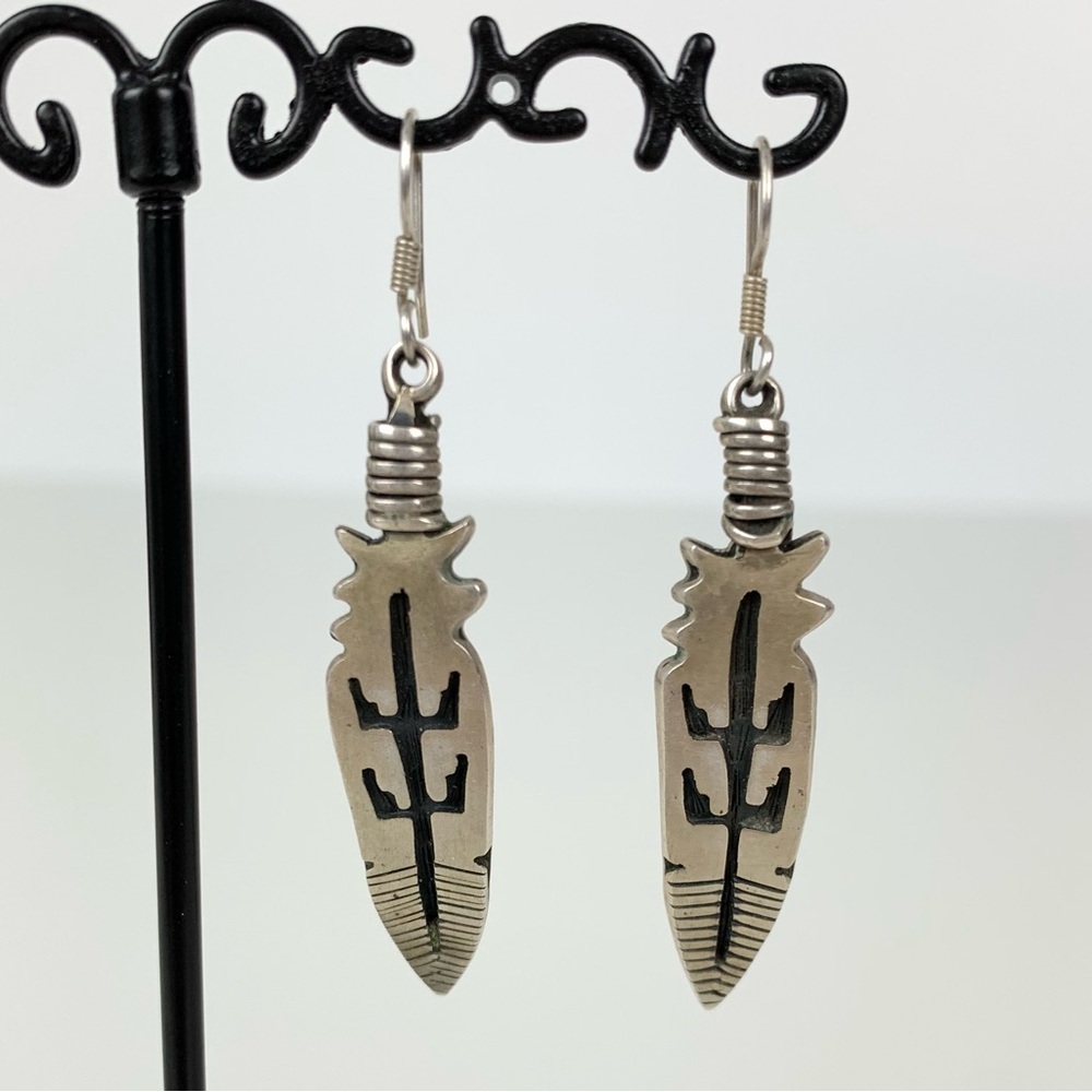Sterling Silver Earrings Feather Dangle Stamped Sterling 925 Vtg Southwestern